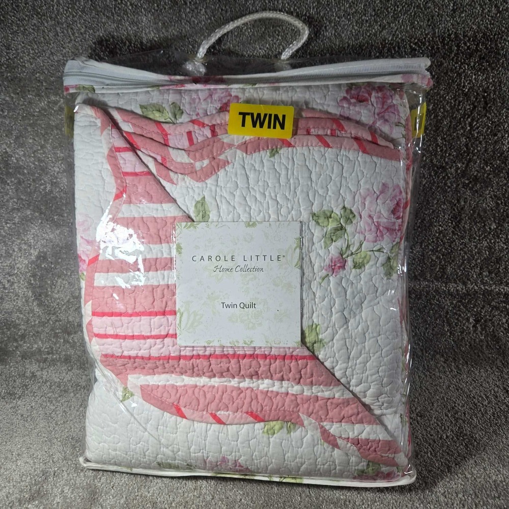 Carole Little Quilt Blanket Pink White Floral Striped Cottagecore - Twin